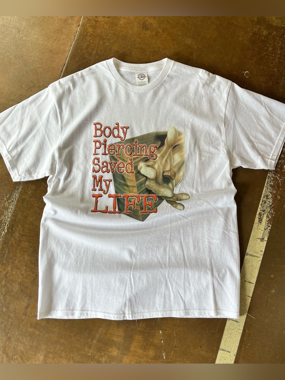 Vintage 2002 Y2K Jesus Christian Print Body Piercing Saved My Life Tee Large L